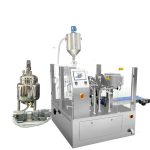 Aŭtomata antaŭfarita sako plenigas sigelpakaĵon kun piŝta plenigaĵo por likvaĵo kaj pasto