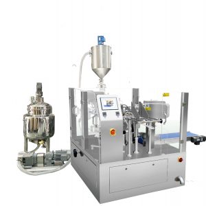 Aŭtomata antaŭfarita sako plenigas sigelpakaĵon kun piŝta plenigaĵo por likva kaj pasto