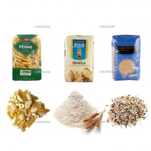 Aŭtomata plata malsupra sako formanta plenigan etikedan pakaĵon por grajnoj